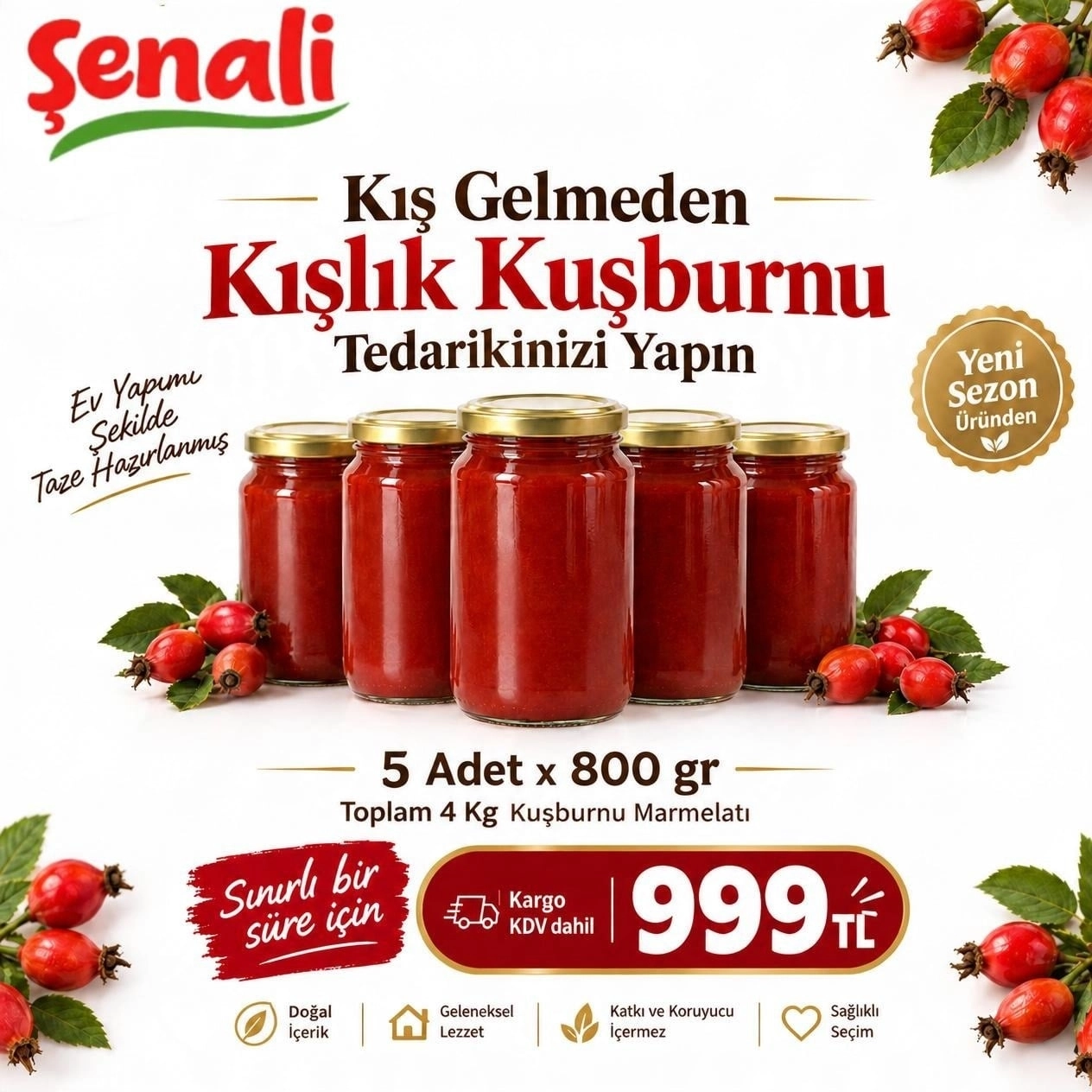Kampanyalı Kuşburnu Marmelatı 800 gr x 5 Adet Kış Paketi
